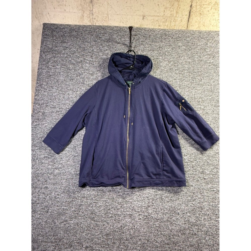 Lauren Ralph Lauren Navy Blue 100% Cotton Full Zip Hoodie 3/4 Sleeve Size 2X